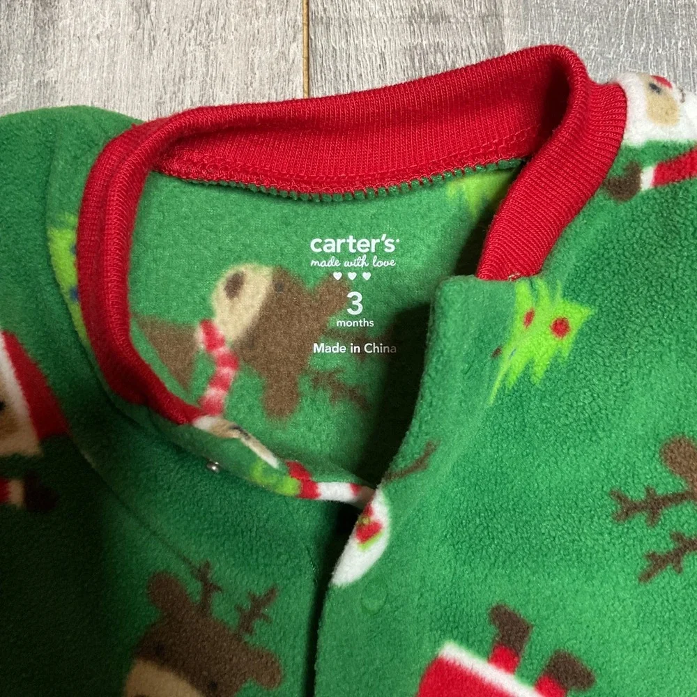 Carters Baby 3M Green Fleece Christmas Santa Snowman Reindeer Footed Pajamas